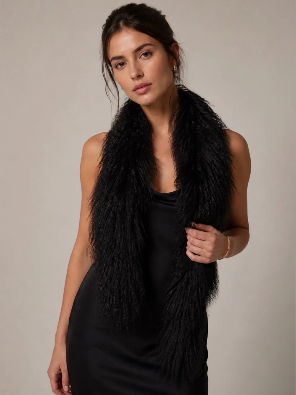 Vintage Adrienne Landau Genuine Black Curly Fur Scarf Wrap Stole Luxury 37”